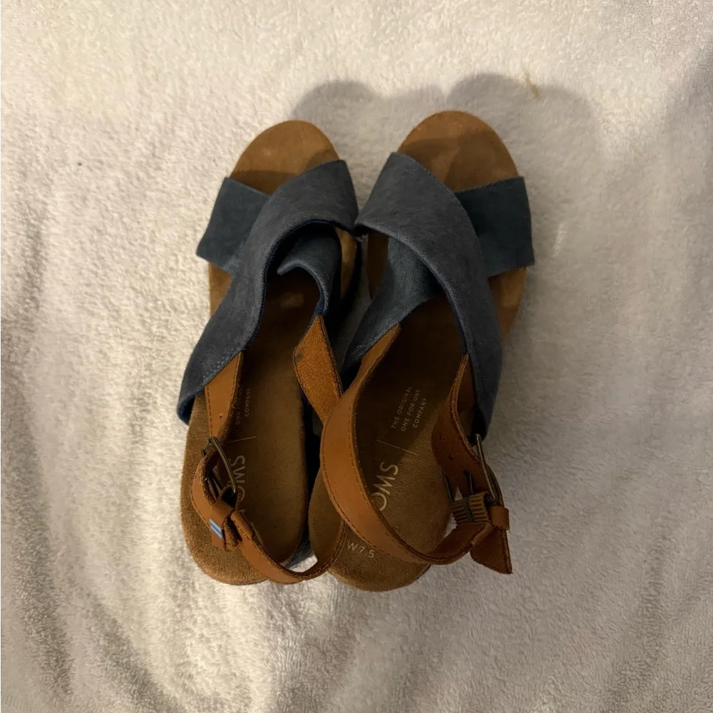 Toms Navy Blue Suede Espadrille Block Heel Sandals with Brown Leather Strap
